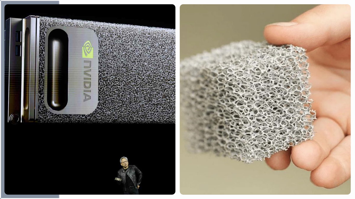 Close-up of metal foam filter structure showing porous open-cell design